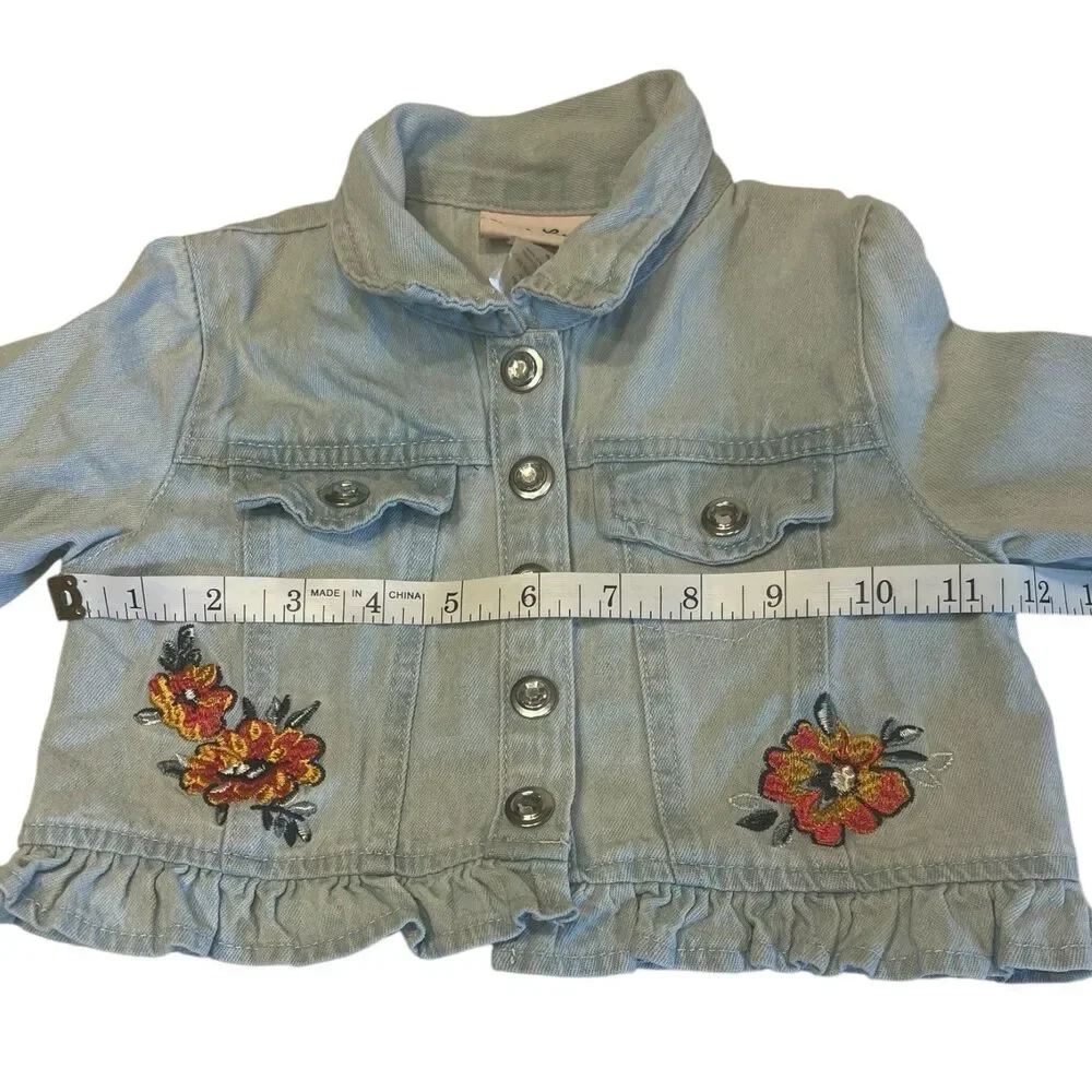 Girls Jean Jacket Size 4 Light Wash Floral Embroidered Ruffle Hem Cute Layer